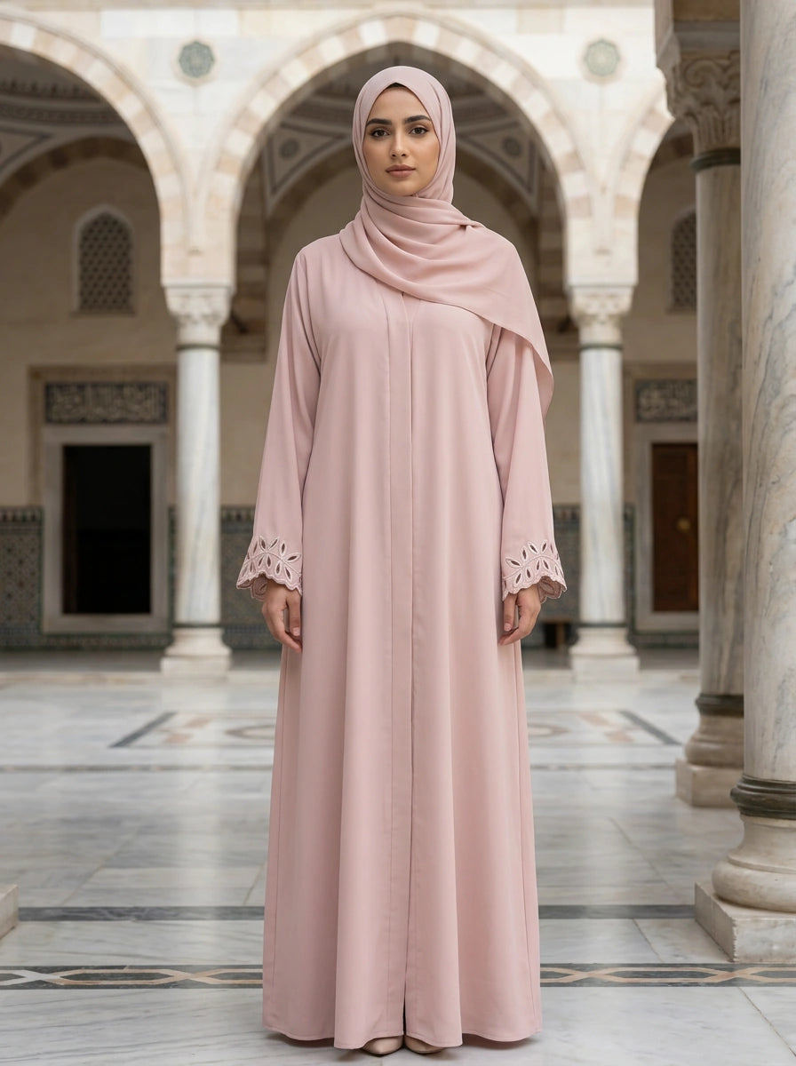 Mahpara Abaya in Blush Pink with cutwork-lace cuffs