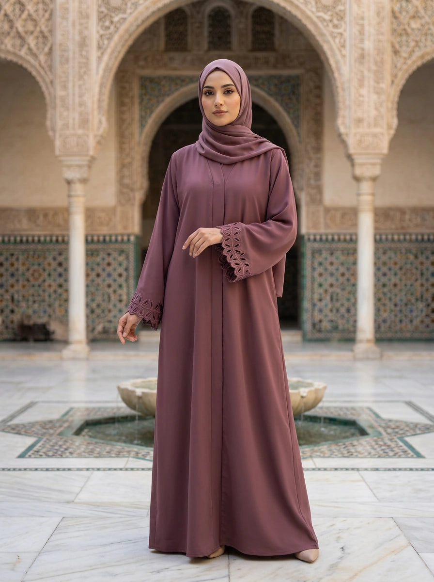 Mahpara Abaya in Dusty Mauve with cutwork-lace cuffs