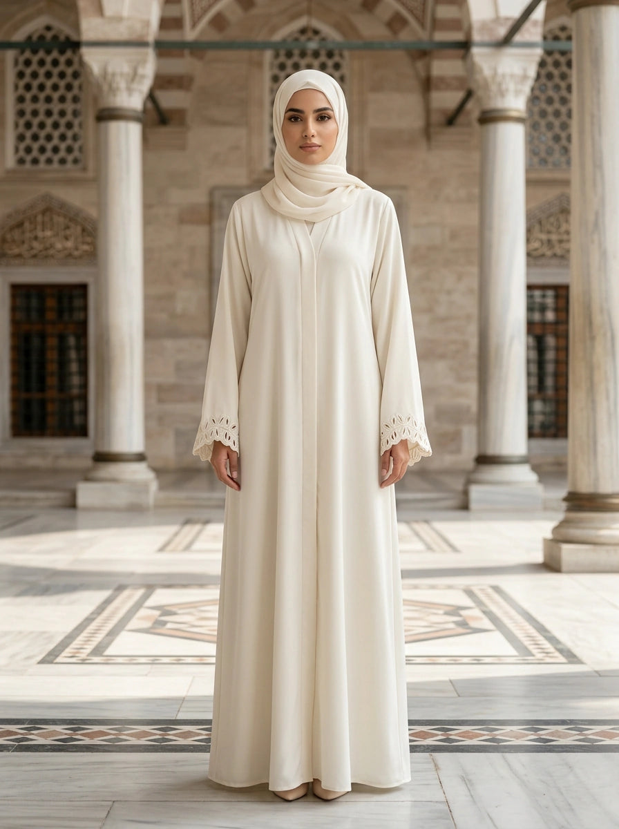 Mahpara Abaya in Ivory with cutwork-lace cuffs