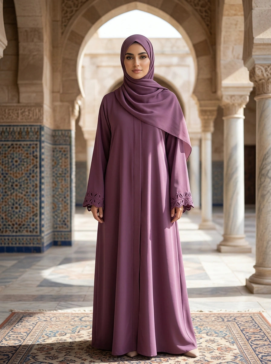 Mahpara Abaya in Orchid with cutwork-lace cuffs