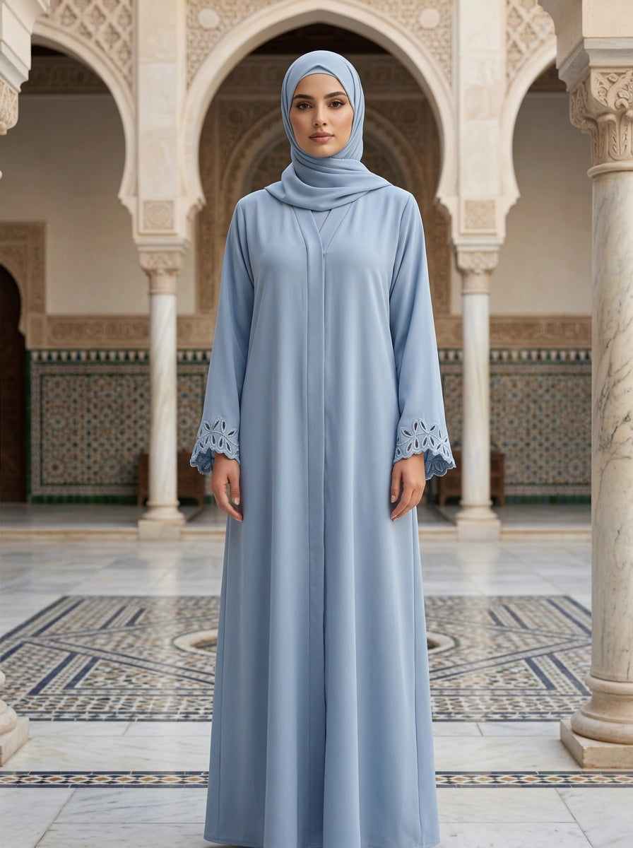 Mahpara Abaya in Baby Blue with cutwork-lace cuffs