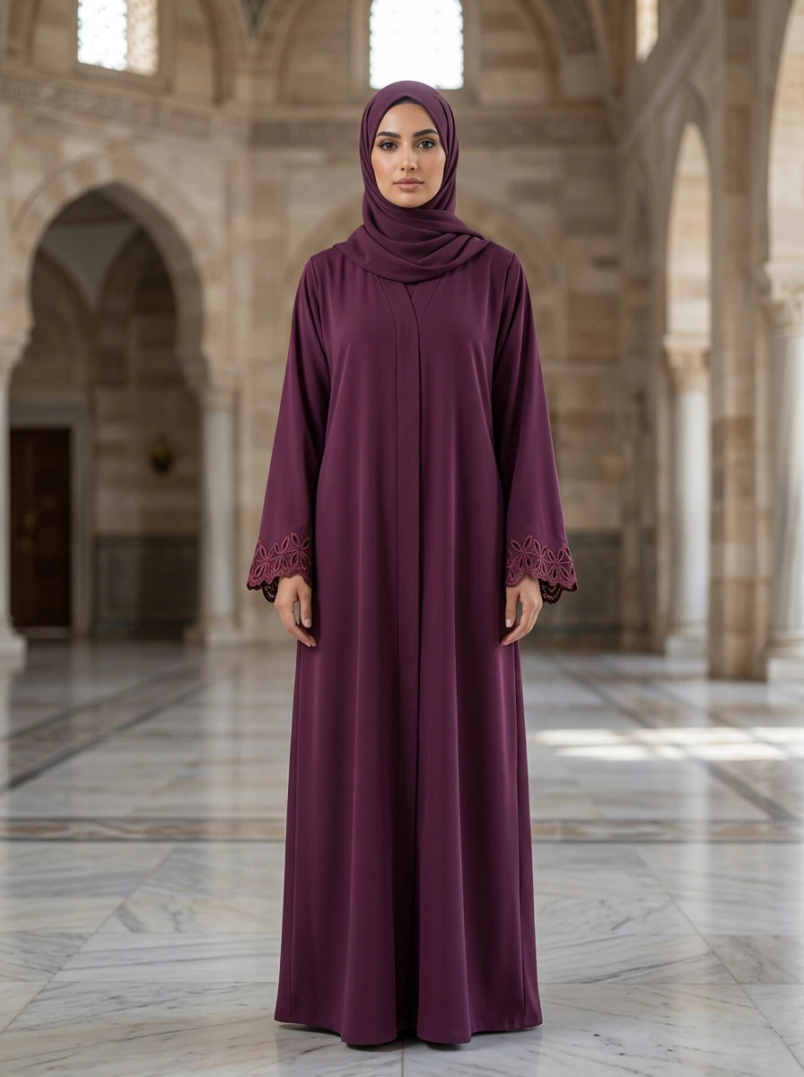 Mahpara Abaya in Wine with cutwork-lace cuffs