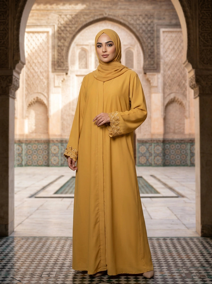 Mahpara Abaya in Mustard with cutwork-lace cuffs