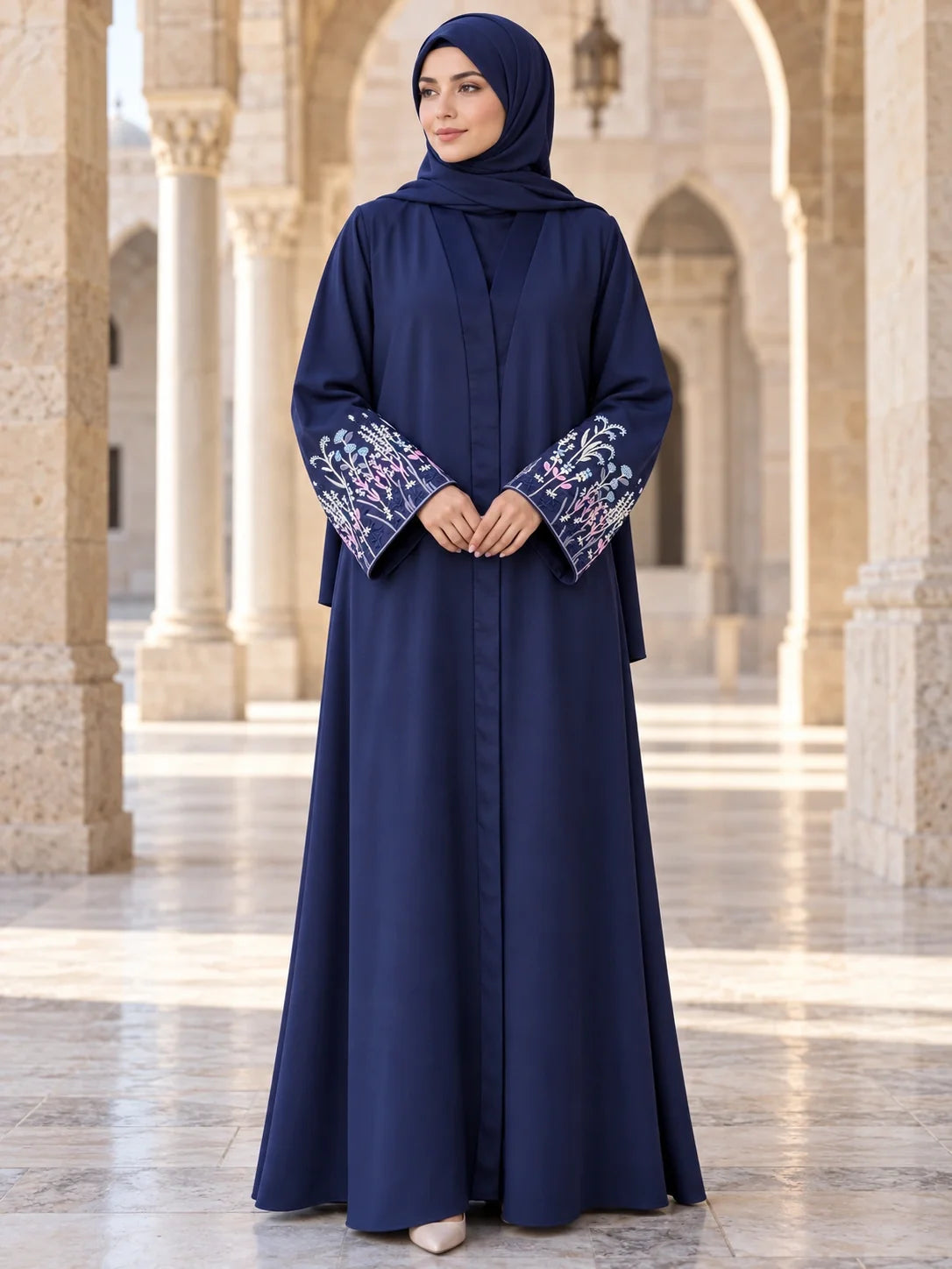 Mehrunisa Abaya in Navy with floral embroidered bell cuffs