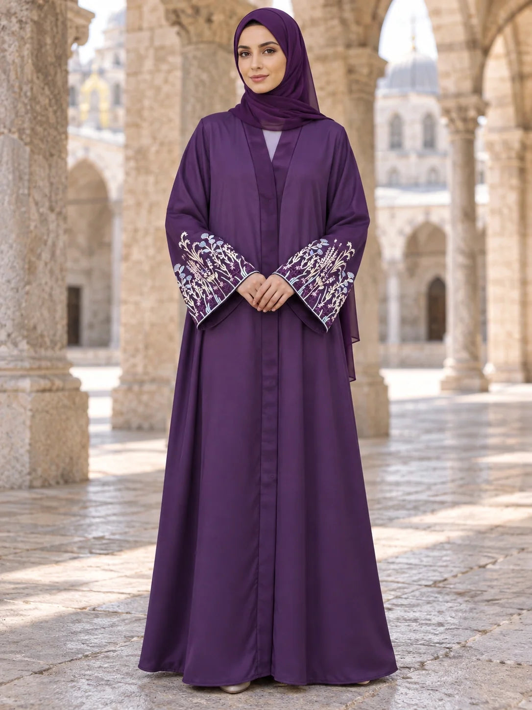 Mehrunisa Abaya in Deep Purple with floral embroidered bell cuffs