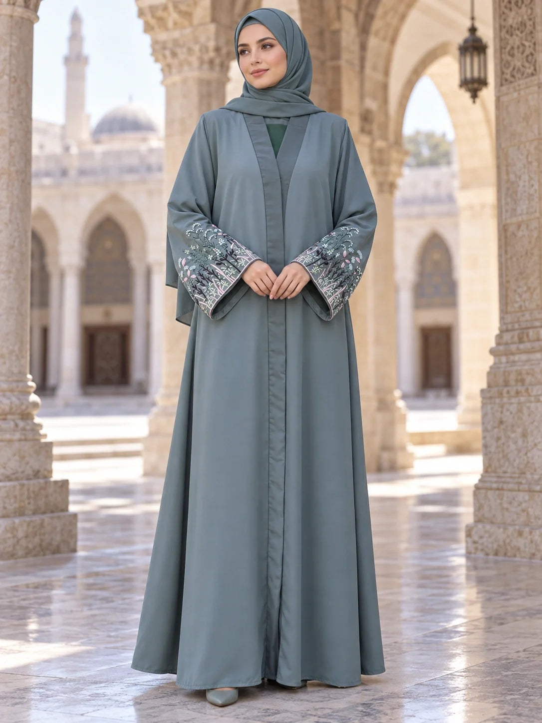 Mehrunisa Abaya in Slate Grey with floral embroidered bell cuffs