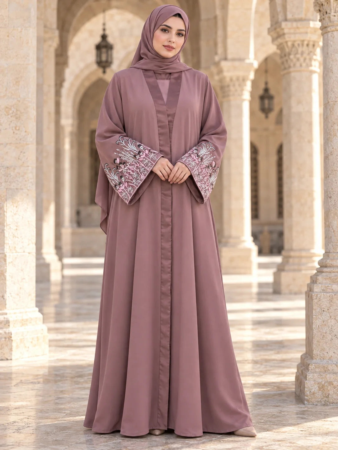 Mehrunisa Abaya in Dusty Rose with floral embroidered bell cuffs