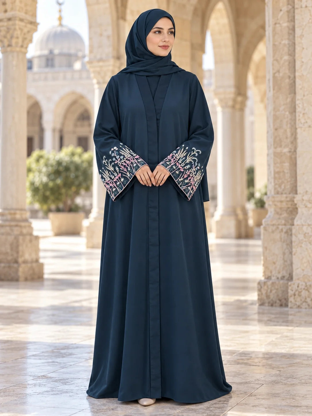 Mehrunisa Abaya in Deep Teal with floral embroidered bell cuffs
