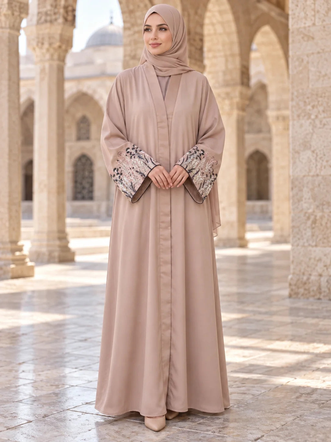 Mehrunisa Abaya in Blush Nude with floral embroidered bell cuffs