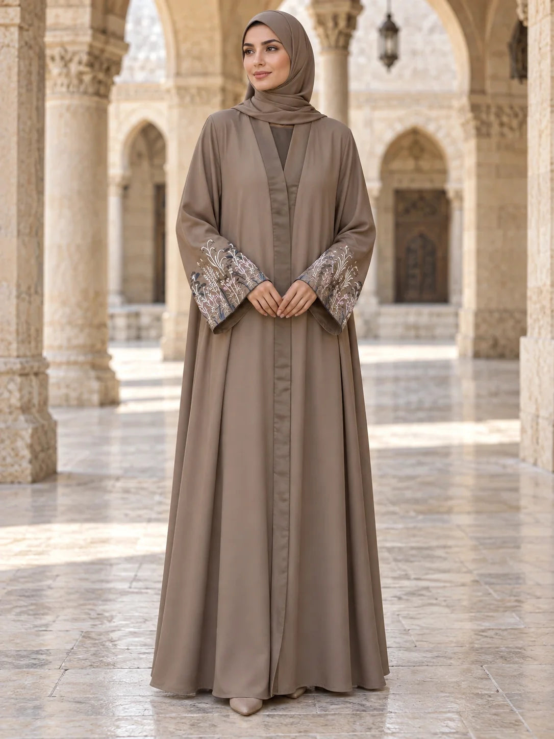 Mehrunisa Abaya in Taupe with floral embroidered bell cuffs
