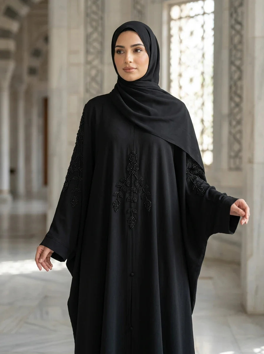 FashionSense Minahil Handwork Abaya in Black — beaded leaf embroidery kaftan, front view