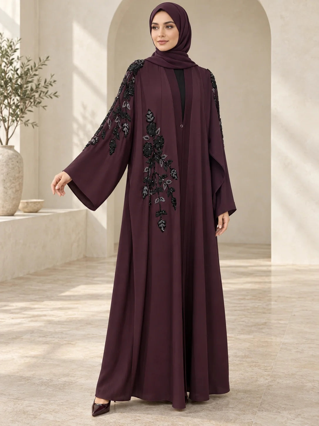 Mubashra Abaya in Aubergine