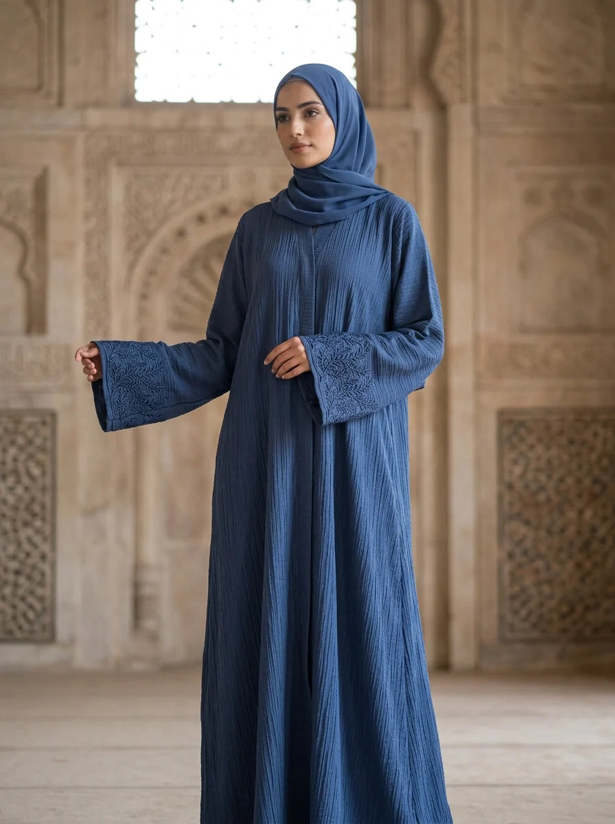 Iqra Abaya in Denim Blue with tonal vine cuffs