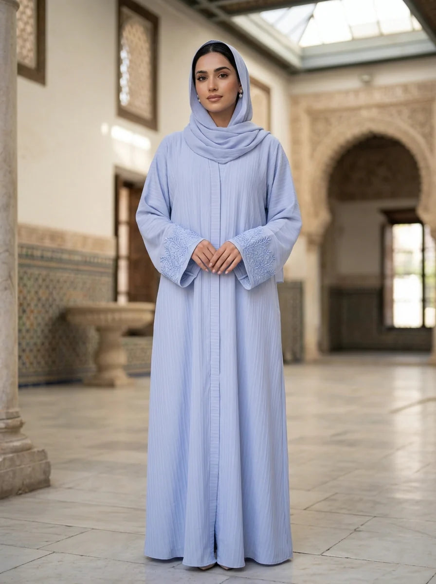 Iqra Abaya in Periwinkle with tonal vine cuffs