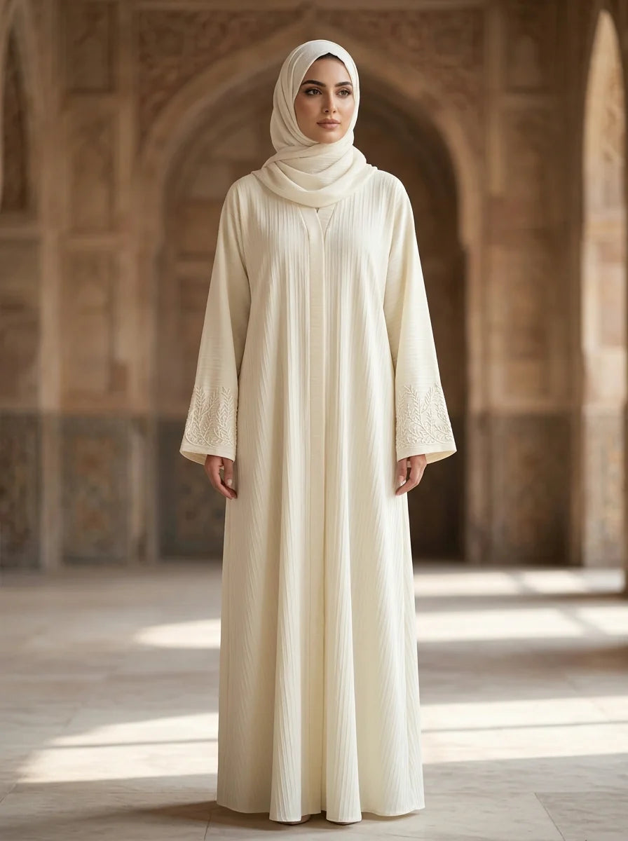 Iqra Abaya in Ivory Cream with tonal vine cuffs