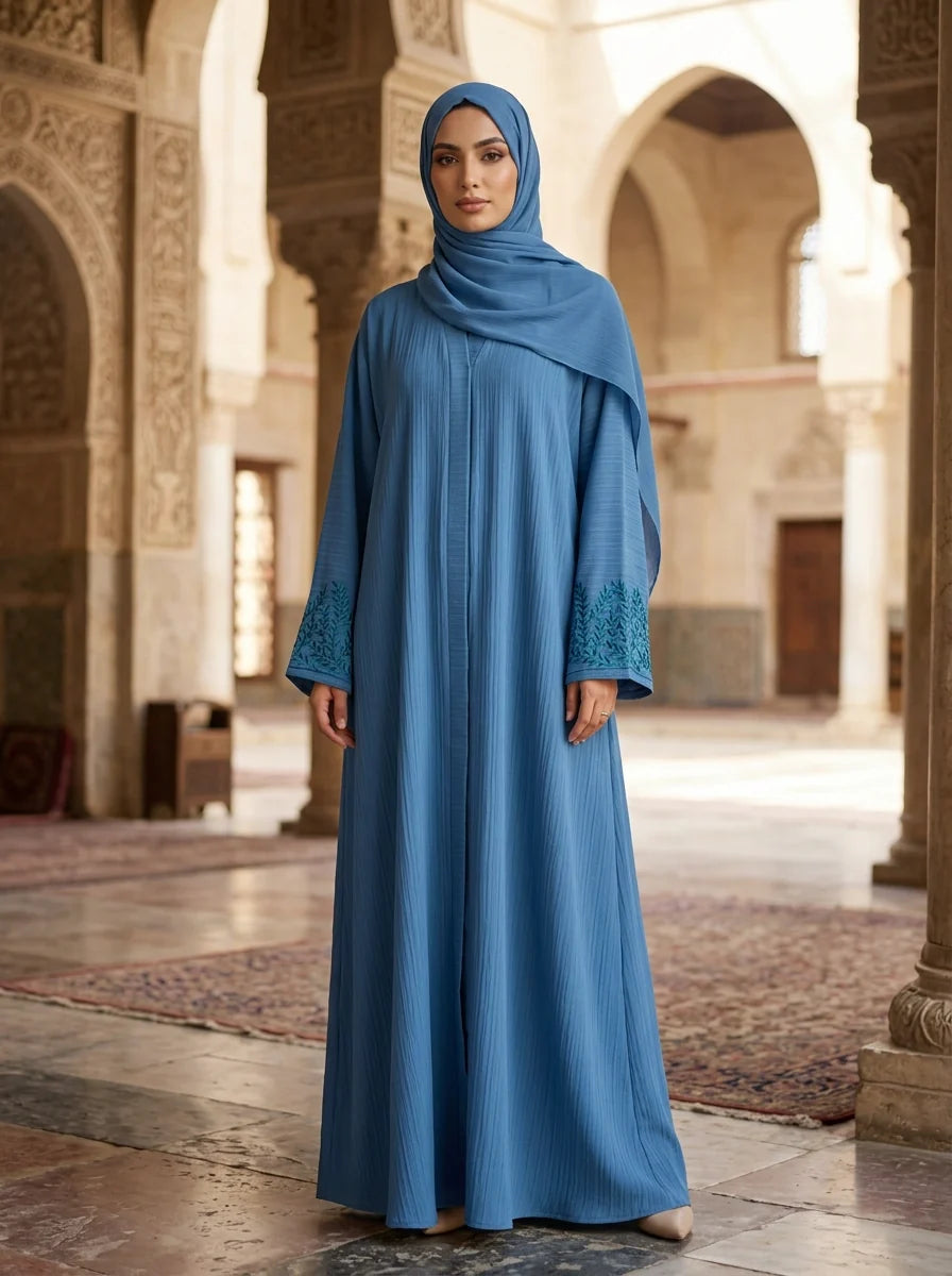 Iqra Abaya in Teal with tonal vine cuffs