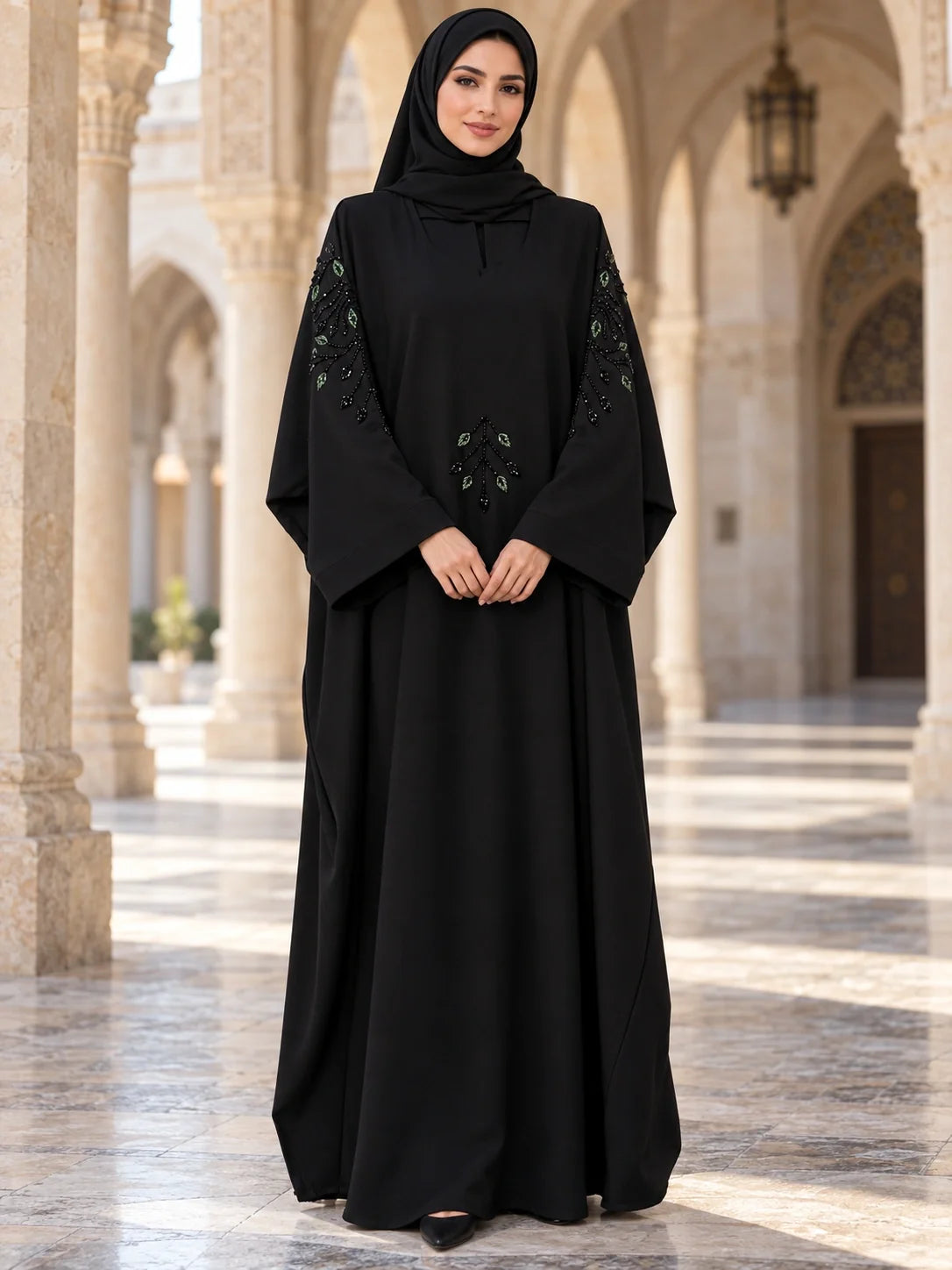 Nuzhat Abaya in Black with multicolour embroidered sleeves