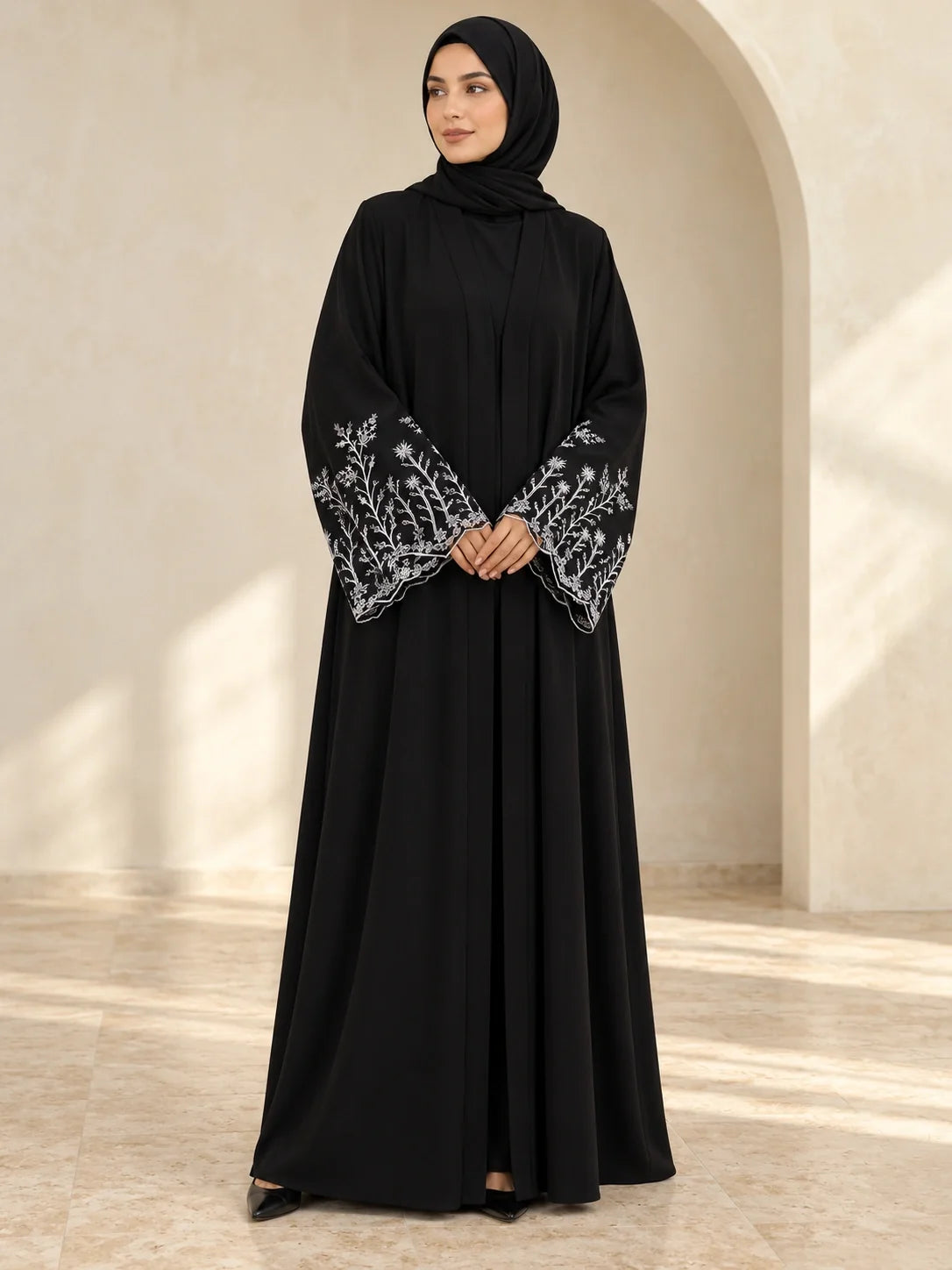 Faiqa Abaya in Black with white floral vine cuffs