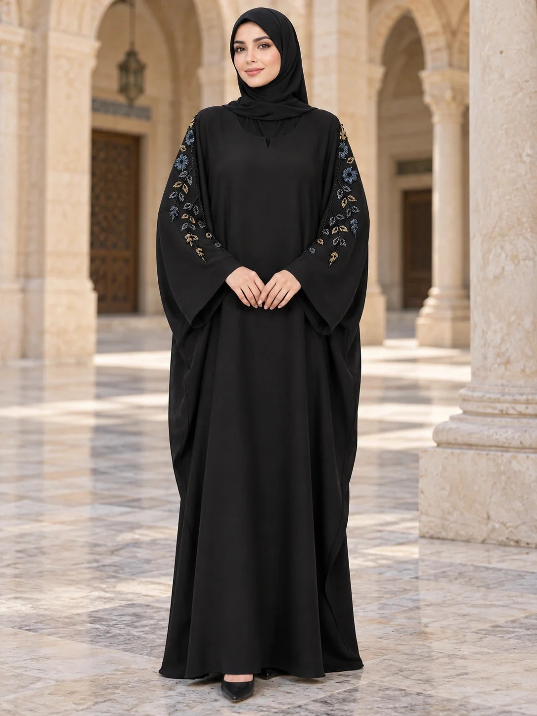 Rafia Abaya in Black with floral vine sleeves