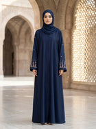 Rania Abaya - Deep Navy Blue with Light Beige Embroidery