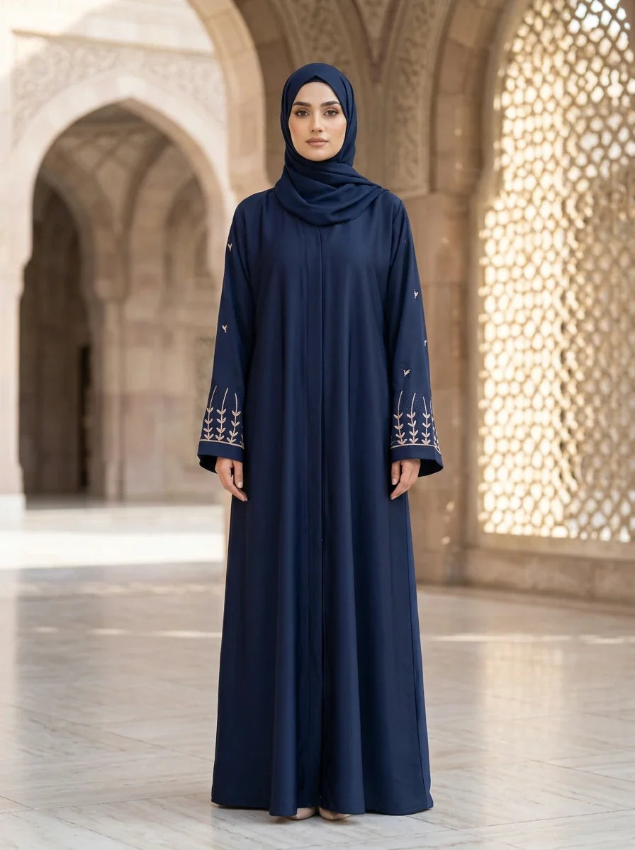 Rania Abaya - Deep Navy Blue with Light Beige Embroidery