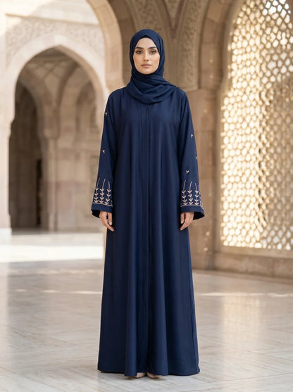 Rania Abaya - Deep Navy Blue with Light Beige Embroidery