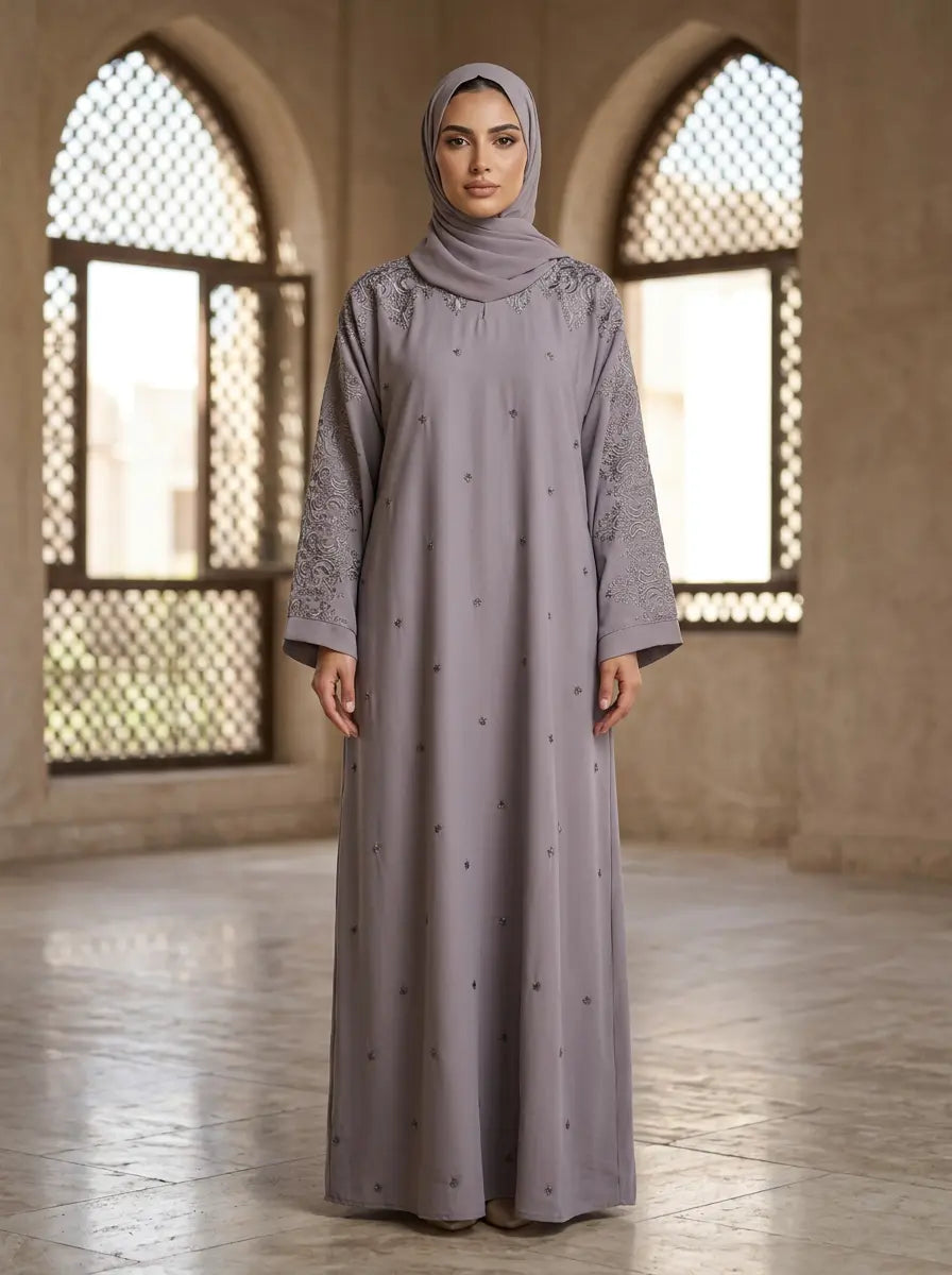 FashionSense Rania Abaya in Mauve — closed-front embroidered abaya with grey floral embroidery and beadwork