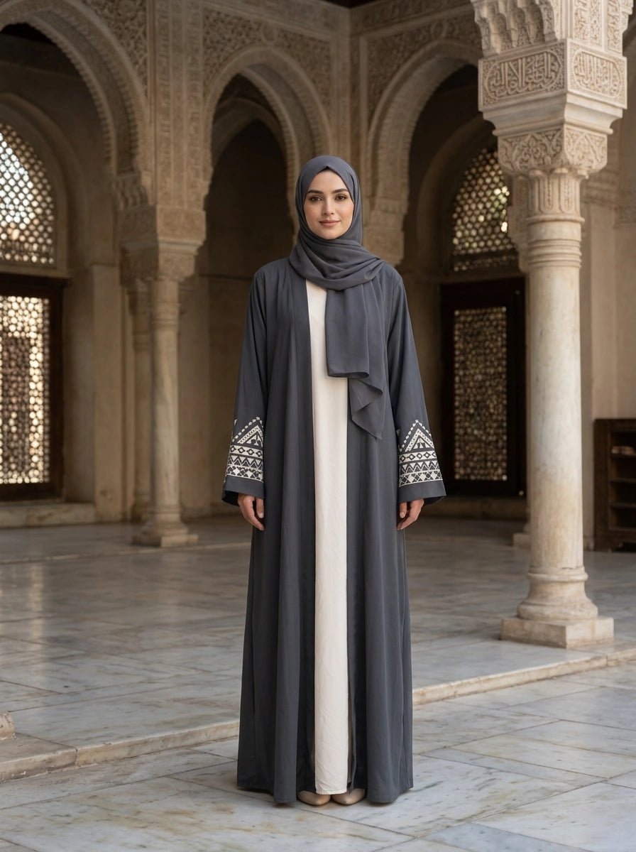 Roshaan open abaya in Charcoal Grey with embroidered cuff band