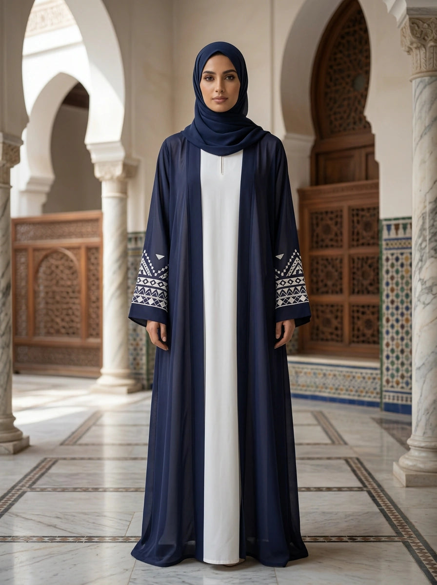 Roshaan open abaya in Navy with embroidered cuff band