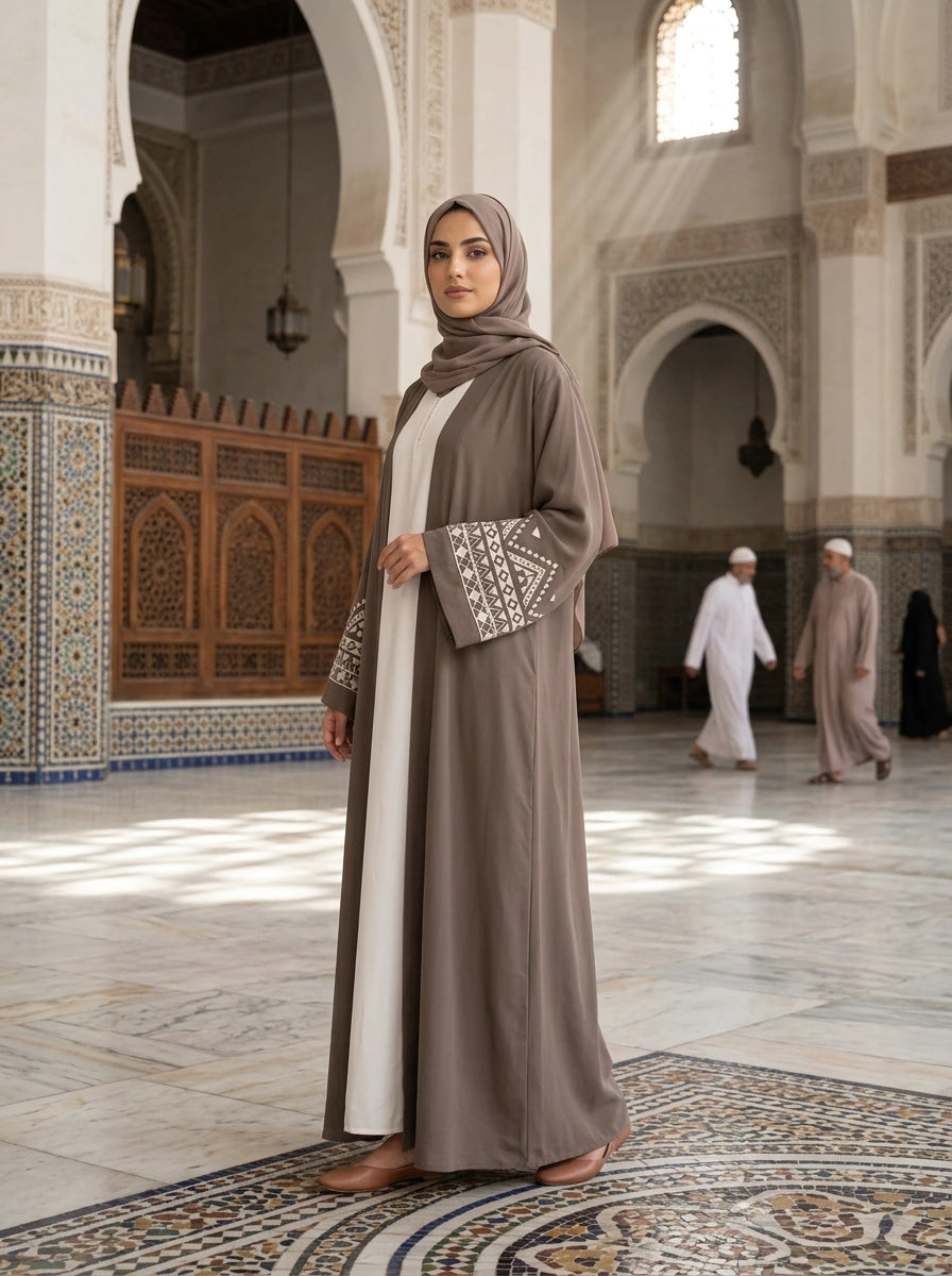 Roshaan open abaya in Taupe with embroidered cuff band