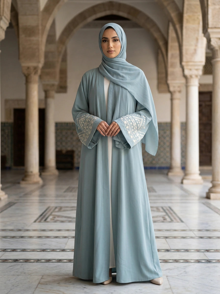 Roshaan open abaya in Dusty Aqua with embroidered cuff band