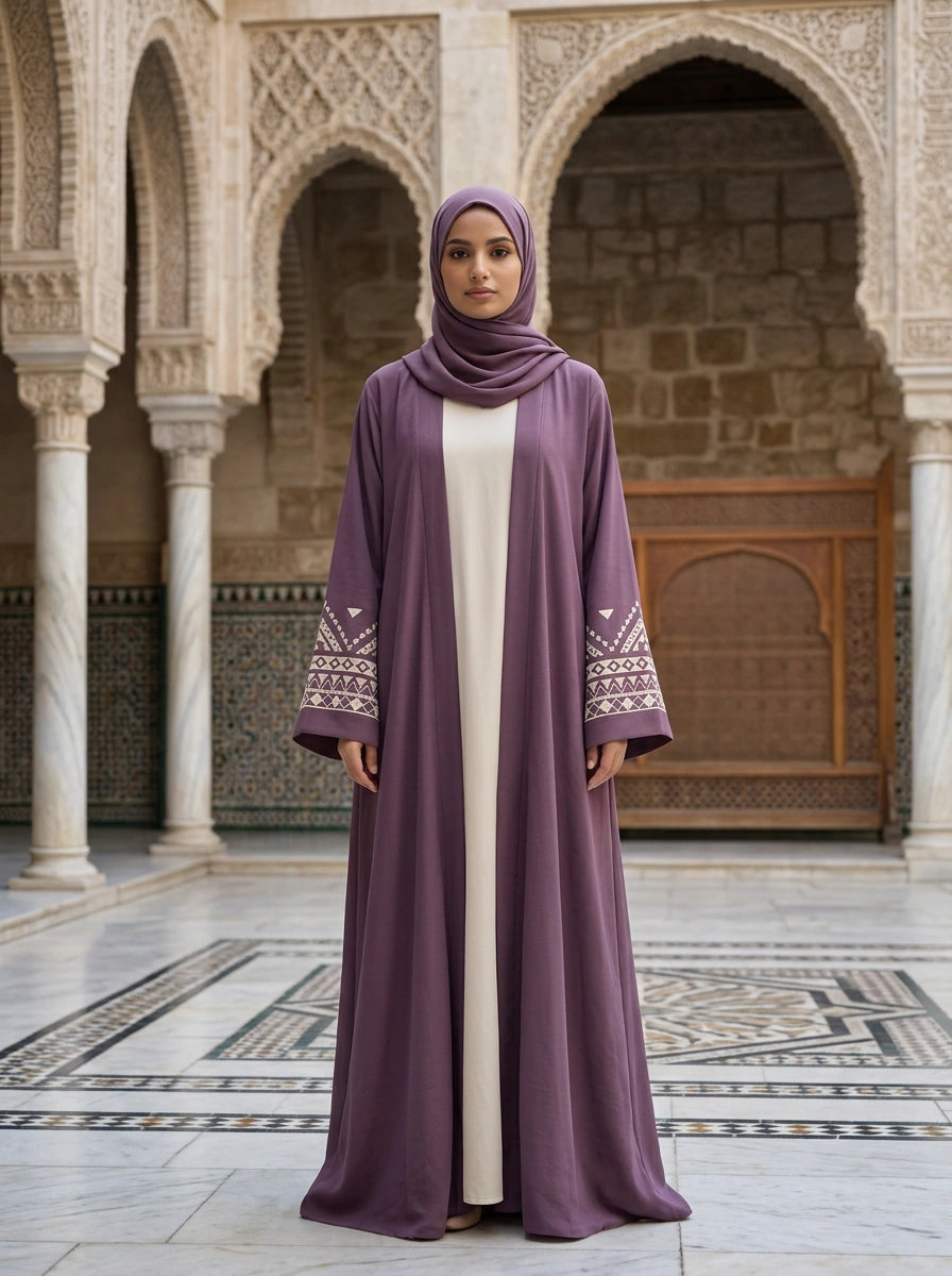 Roshaan open abaya in Mauve with embroidered cuff band