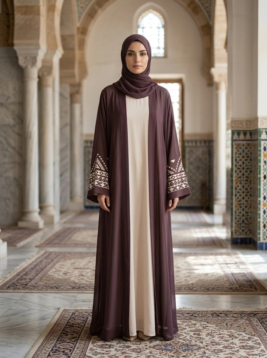 Roshaan open abaya in Aubergine with embroidered cuff band