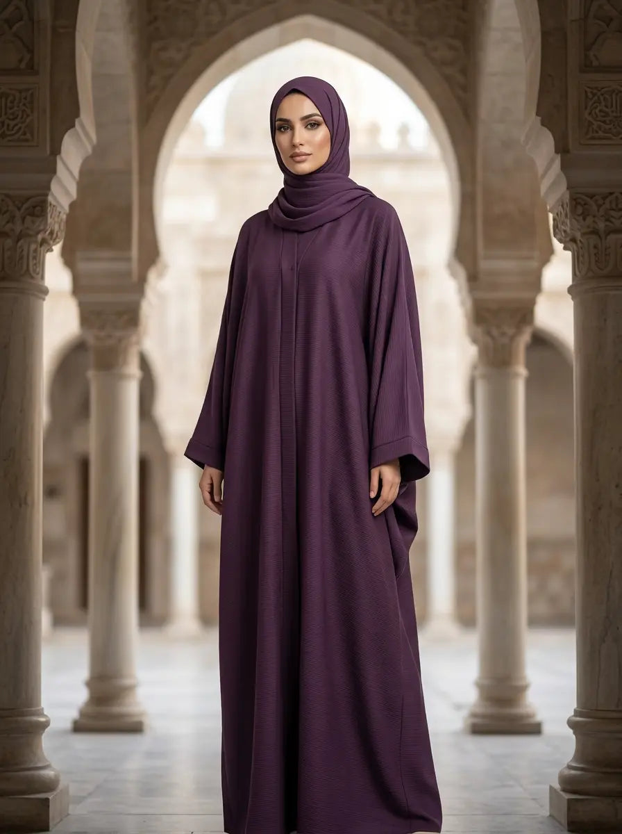 FashionSense Ruba Abaya in Mauve — open-front ribbed knit abaya with wide kimono sleeves