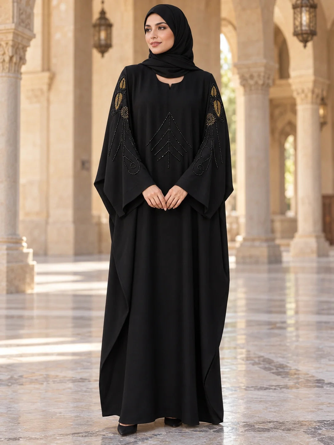 Sabeen Abaya in Black with gold leaf sleeve embroidery