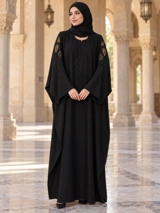 Sabeen Abaya in Black with gold leaf sleeve embroidery