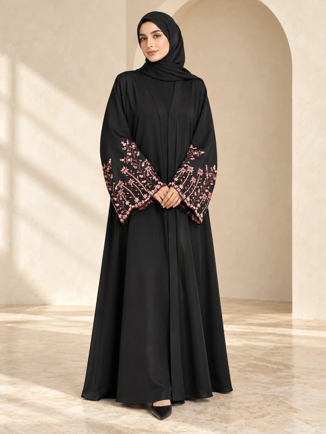 Faiqa Abaya in Black with pink floral sleeves