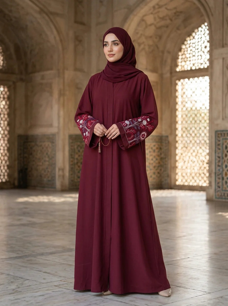 Sanober Handwork Abaya - Burgundy / Wine