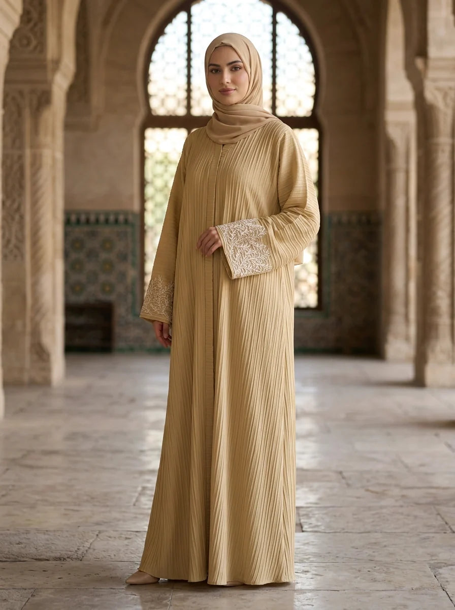 Iqra Abaya in Beige, pleated texture with embroidered cuffs