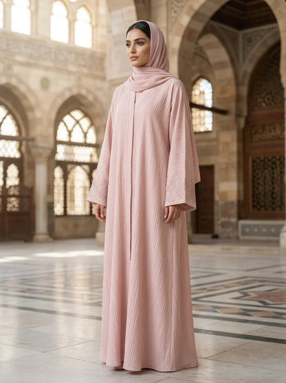 Iqra Abaya in Blush Pink, pleated texture with embroidered cuffs