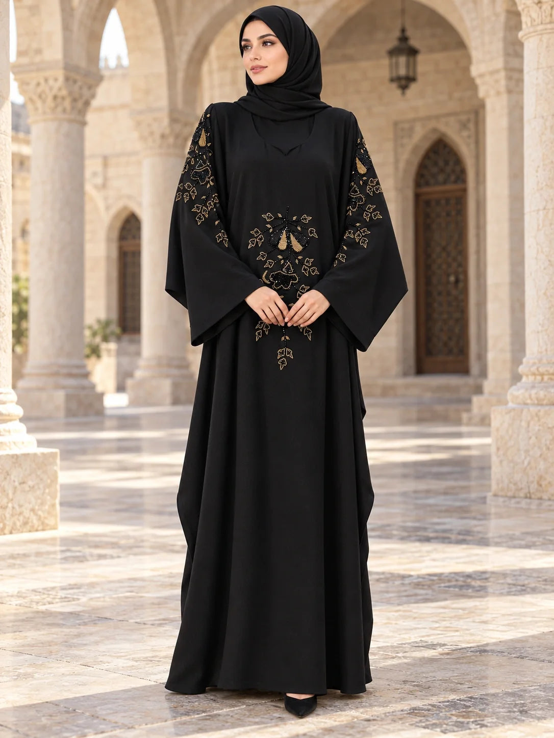 Shaista Abaya in Black with gold chest emblem