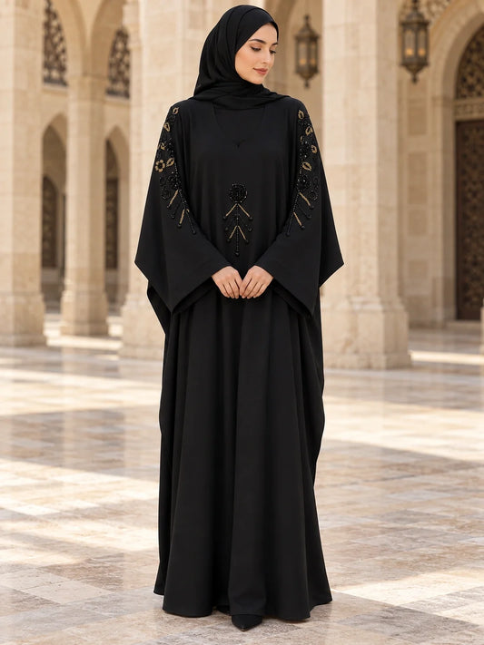 Tabassum Abaya in Black with gold beadwork sleeves