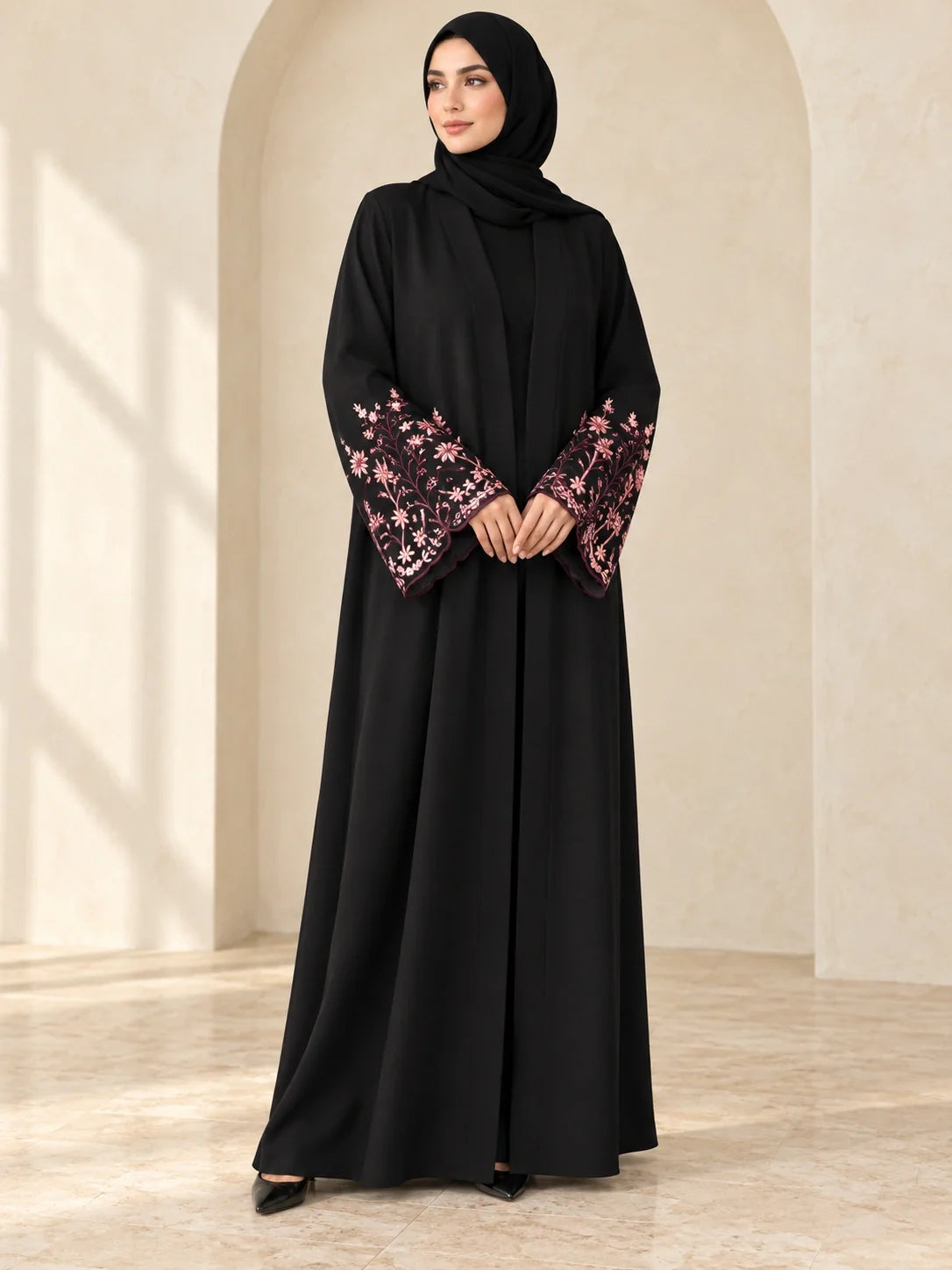 Faiqa Abaya in Black with pink and maroon floral cuffs