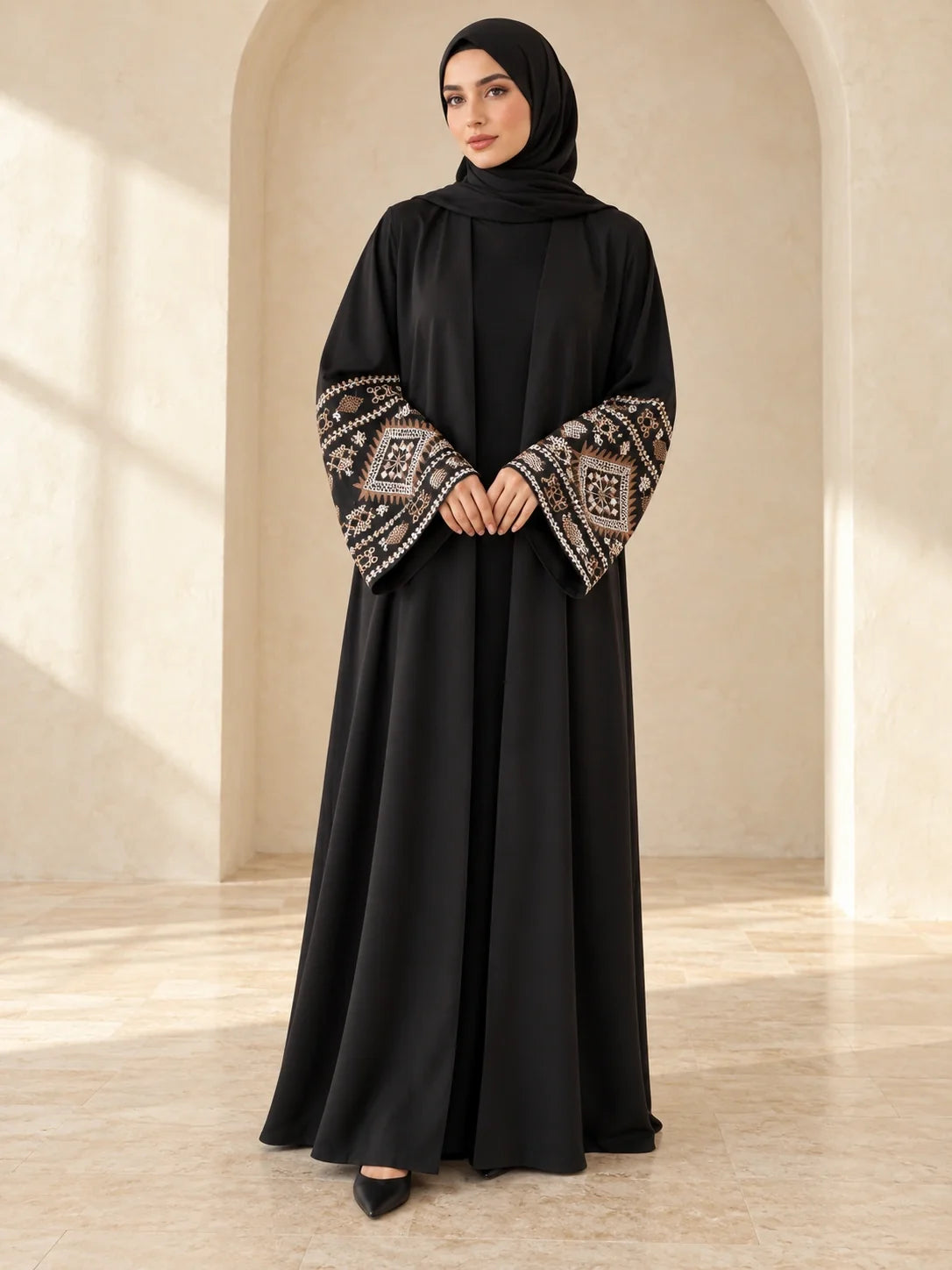 Faiqa Abaya in Black with gold geometric sleeves