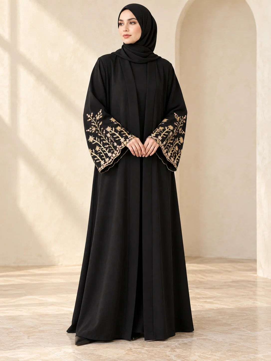 Faiqa Abaya in Black with gold floral vine sleeves