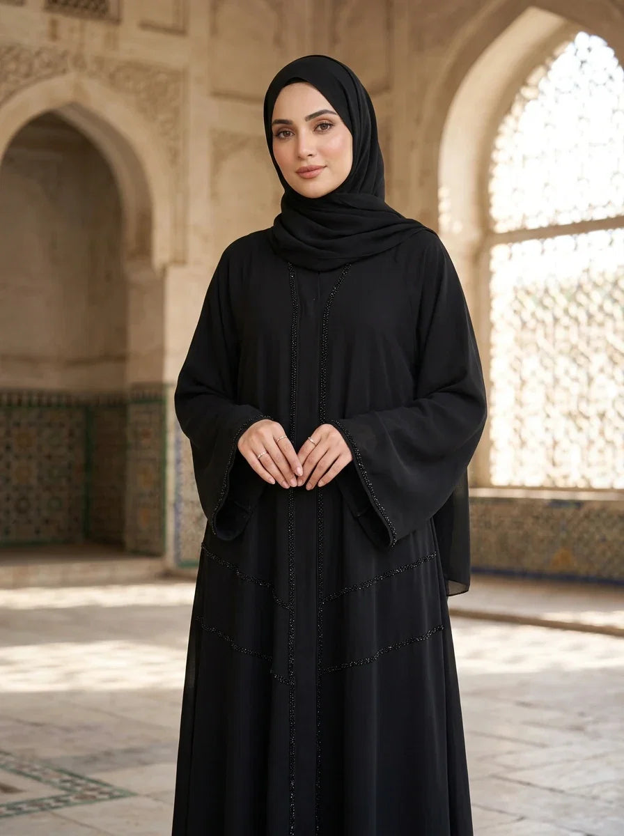 Aleeza Abaya - black abaya with tonal beading and flared sleeves