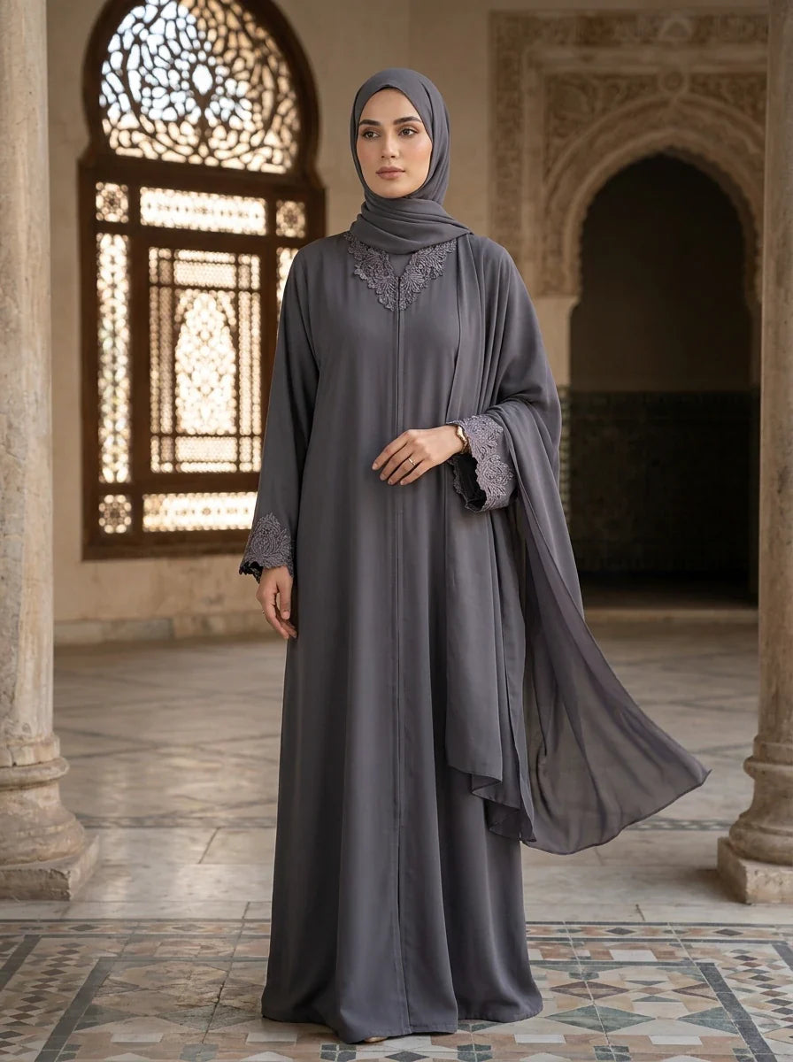 Areesha Abaya in Charcoal Grey - lace trim embroidered abaya