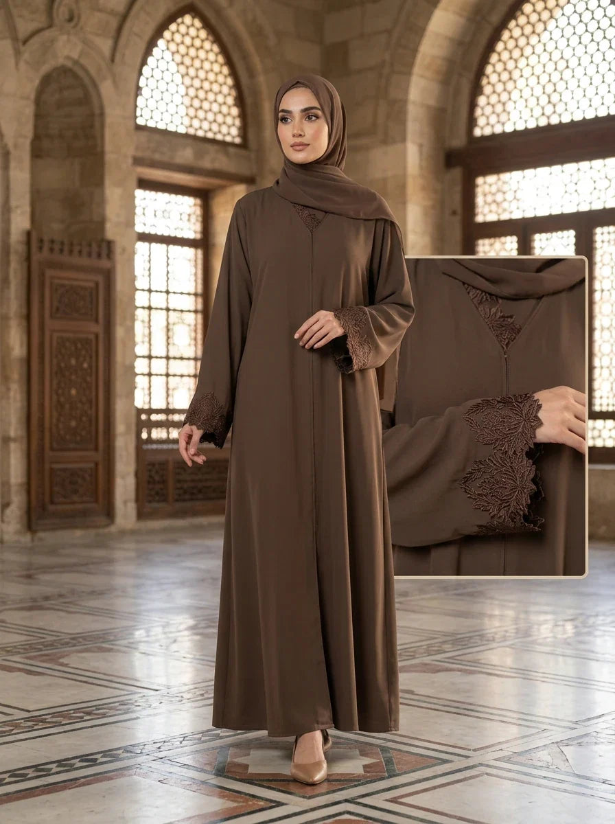 Areesha Abaya in Coffee Brown - lace trim embroidered abaya