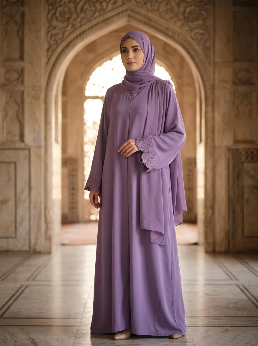 Areesha Abaya in Dusty Mauve - lace trim embroidered abaya