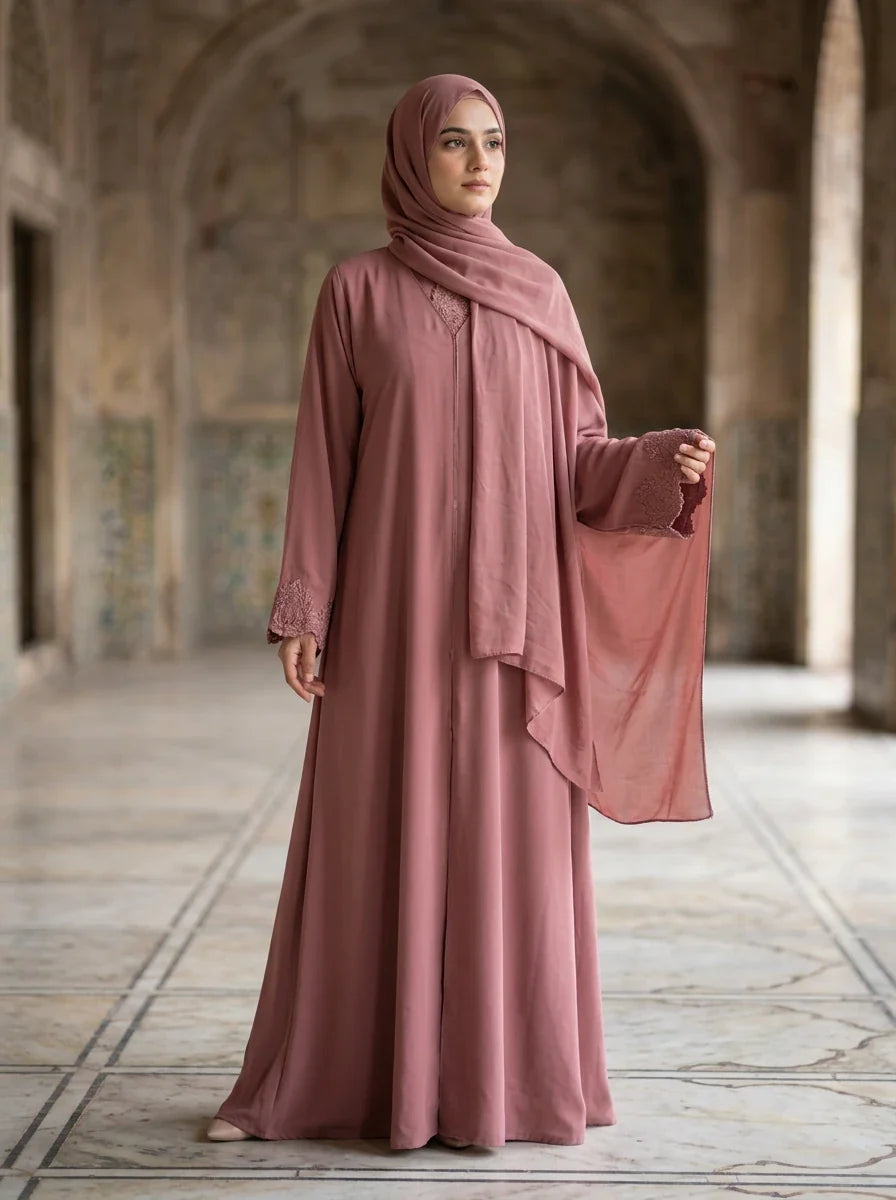 Areesha Abaya in Dusty Rose - lace trim embroidered abaya